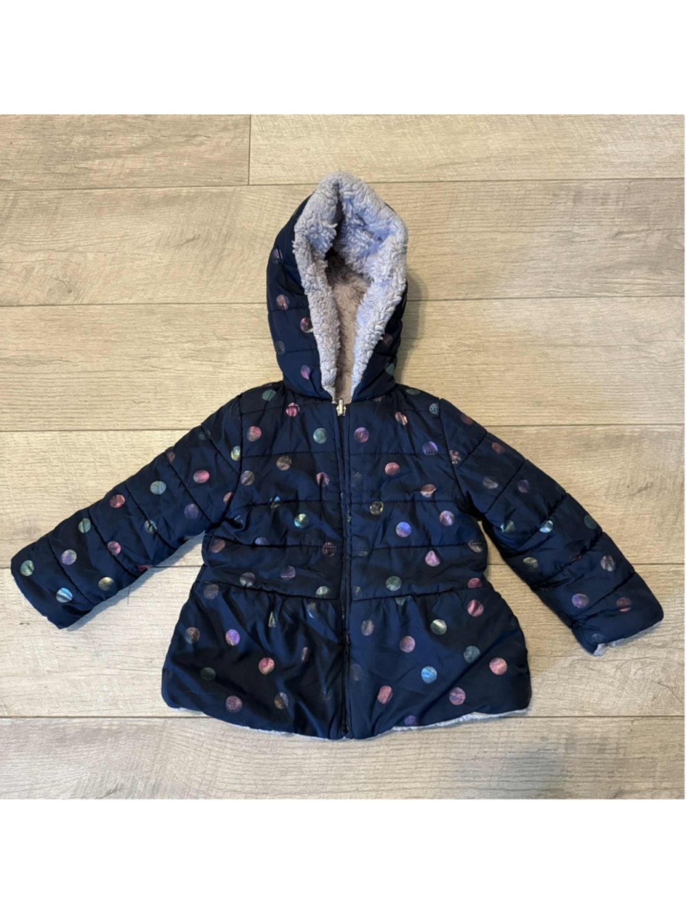 Girl Puffer Jacket Size 2T Navy Blue Polka Dot